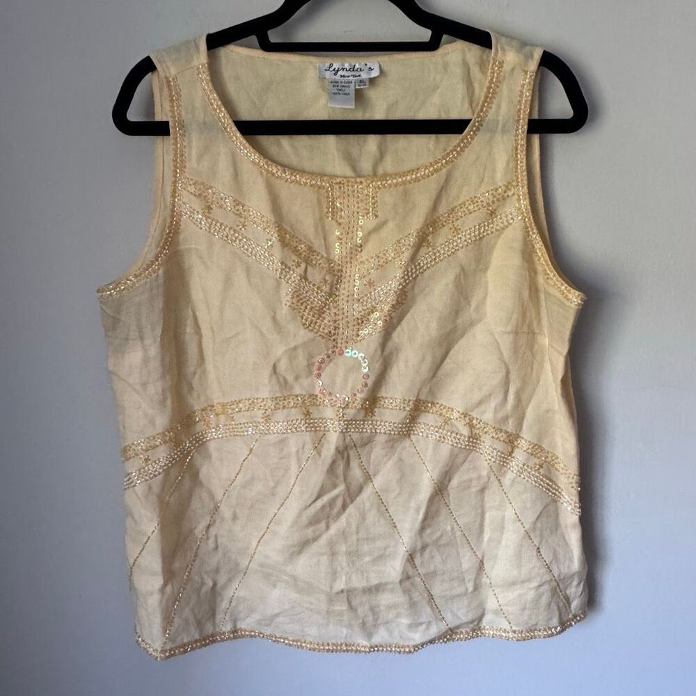 Vintage Lynda’s New York 100% Butter Yellow Sequin Embellished Tank Top Size XL
